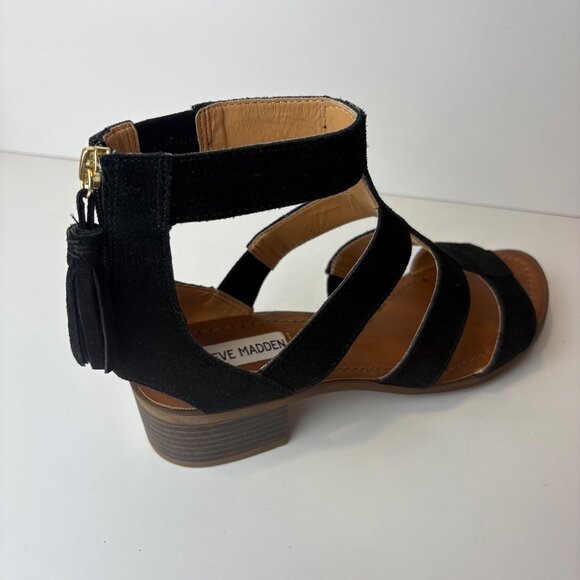 Steve Madden Womens Black Suede Open Toe  8.5M Sandals Block Heel Zipper Tassel - Picture 3 of 11